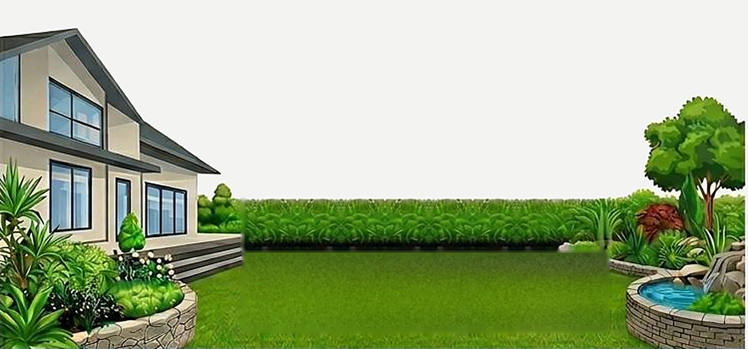Illustration: Haus mit gepflegtem Garten, Hecke, Rasen und Teich