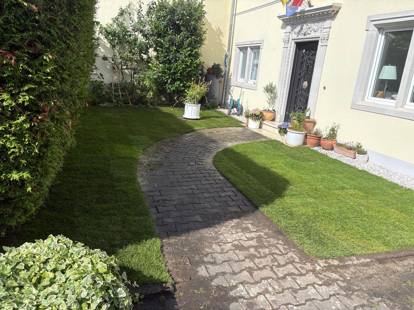 Nachher: Gartenweg mit frischem Rasen